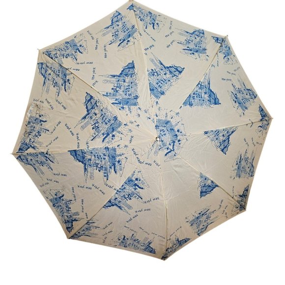 Vintage NEW YORK CITY Skyline‎ Compact Rain Umbrella 32” Wood Handle Cream - Picture 1 of 9
